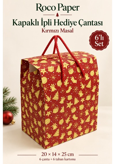 Yılbaşı Masal Temalı Hediye Çantası - 6'lı Set, 20x14x25 Cm, Yeniyıl Tasarımlı Karton Hediye Poşeti