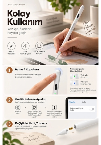 Exenar - Beyaz - Akıllı Attif Stylus Kalem Apple iPad Android Uyumlu Palm Rejection Hassas Dokunmatik Yazı Ve Çizim Kalemi 1