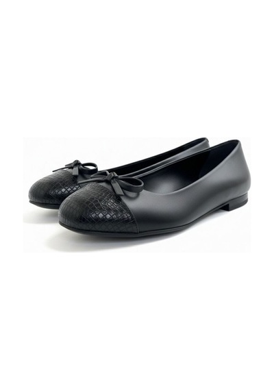 Ne&ve Shoes Siyah Deri Yılan Baski Garnili Biye Detaylı Kadın Babet