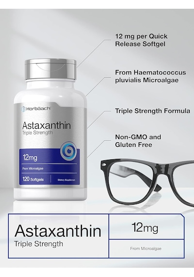 Horbäach Astaxanthin Triple Strength Eyes Skin Health 12mg 120 Softgels Aromasız