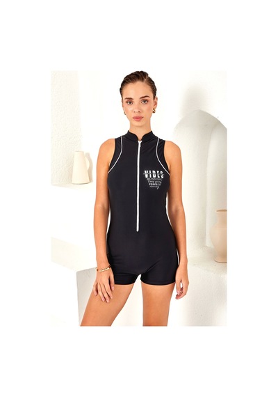 Moon Wear Lapieno 4161 Fermuarlı Kolsuz Paçalı Sörfçü Mayo Siyah