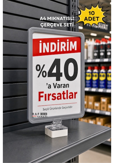 10 Adet - A4 Güçlü Mıknatıs Tutuculu Fiyatlık Etiketlik Dikey Yatay Ve Bilgilendirme Çerçevesi Gri