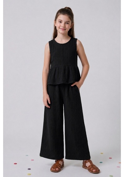 Angel&co. Girls Clothing Kız Çocuk Müslin Bluz Pantolon 2'li Takım Siyah Siyah
