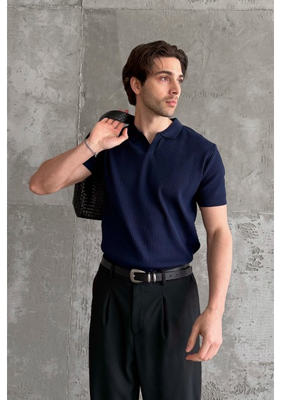 Erkek Petek Desen Polo Yaka Triko T-shirt Lacivert