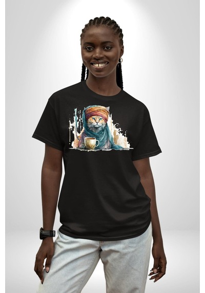 Türk Kahvesi Kedi Pamuklu Bisiklet Yaka Unisex Oversize Boyfriend Dijital Baskılı Siyah T-shirt Siyah