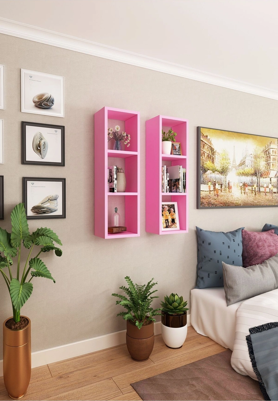 Kitaplık Yatak Odası Duvar Rafı İkili Mobilya Takım Pembe Pembe