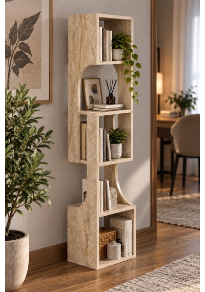 Sulorahome 5 Katlı Modern Dekoratif Ahşap Kitaplık Ve Raf Ünitesi Mermer