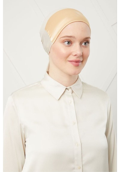 Melodi Scarf Kadın Tesettür Bağlamalı Saten Bone Bal Rengi Bal Rengi Çok Renkli
