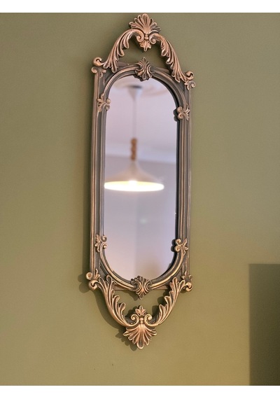 Kısa Oval Dekoratif Duvar Aynası Haki Yeşil & Eskitme Altın Yaldız 60x20 Cm Naturel