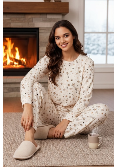 Remsa Kadın Yıldız Desen Comfort Pijama Takımı 0512 Krem Krem