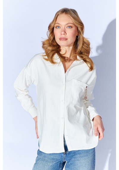 Manche Beyaz Broş Detaylı Oversize Tek Cepli Gabardin Gömlek Mkw168174-01