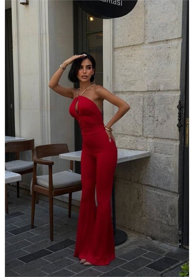 Neşeli Butik Kadın Kırmızı Halter Yaka Zincir Askılı İspanyol Paça Premium Tulum Nbdf290 Neşeli Butik Kadın Kırmızı Halter Yaka Zincir Askılı İspanyol Paça Premium Tulum Nbdf290