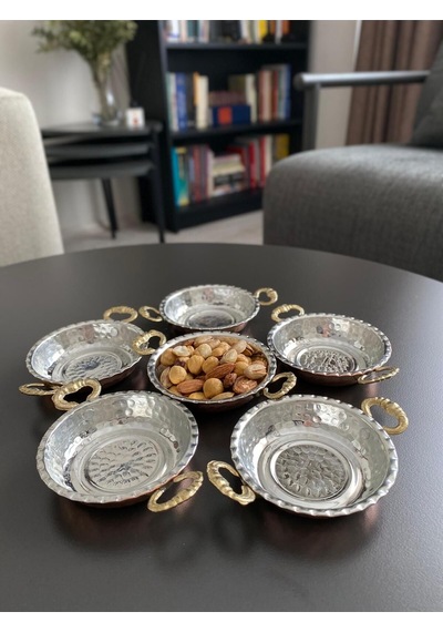 6'lı Kulplu Bakır Çerezlik-kahvaltılık-reçellik-sunumluk Set Mini 9 Cm X 2,3 Cm Bakır