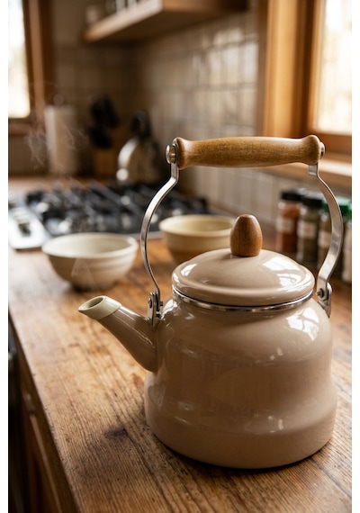 Vintage Ahşap Saplı Emaye Demlik Kettle 2,5lt Güzgülü 7605-c