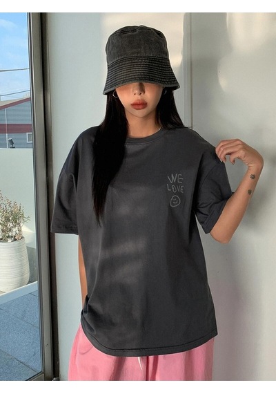 Flood Of Style Kadın Füme Love Love Love Baskılı Oversize T-shirt Gri