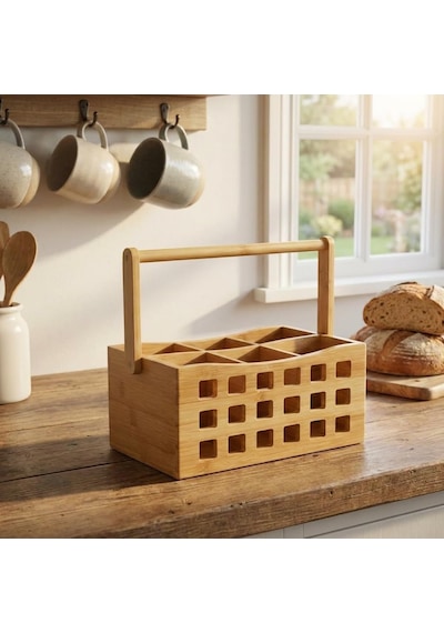 4 Bölmeli Saplı Doğal Bambu Çatal Bıçak Sepeti - Çok Amaçlı Masaüstü Organizer Mutfak Düzenleyici Ve Kalemlik Standı 23x15 Cm Çok Renkli
