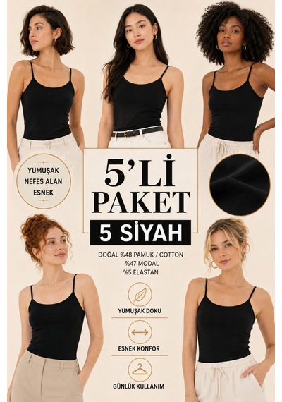 Loule Kadın 5'li İnce Askılı Atlet Siyah Modal Pamuk