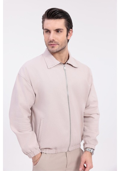 Erkek Gabardin Kumaş Fermuarlı Oversize Mevsimlik Ceket-144 Bej