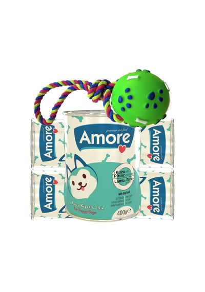 Amore Kuzu Etli ve Pirinçli Yavru Köpek Konserve 5 x 400 G + Fırlatılacak Top