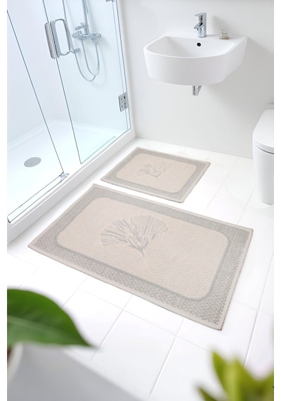 Naturel Pamuklu Kilim Yıkanabilir Banyo Paspası 2'li Klozet Takımı 60x100-50x60cm Çiçekli Bej