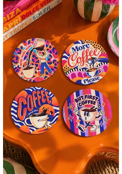 More Coffee Please, Kahve Temalı 4 Lü Bardak Altlığı Set 9 Cm, 3 Mm Ahşap Mdf, Dijital Baskı - 930345164 Diğer