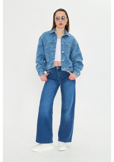 Mavi Yıkamalı Oversize Denim / Kot Ceket Orta Mavi
