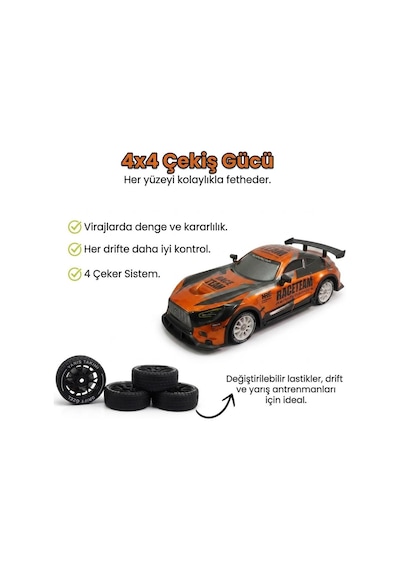 Uzaktan Kumandalı Işıklı 7 Fonksiyonlu 1:14 4 Çeker 10 Km/s Hızlı 4 Yedek Lastikli Oyuncak Drift Arabası Turuncu