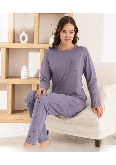 Pijamoni Kadın Milan Bisiklet Yaka Uzun Kol İnce Pijama Takımı 7575/2 - 1 Adet Lila