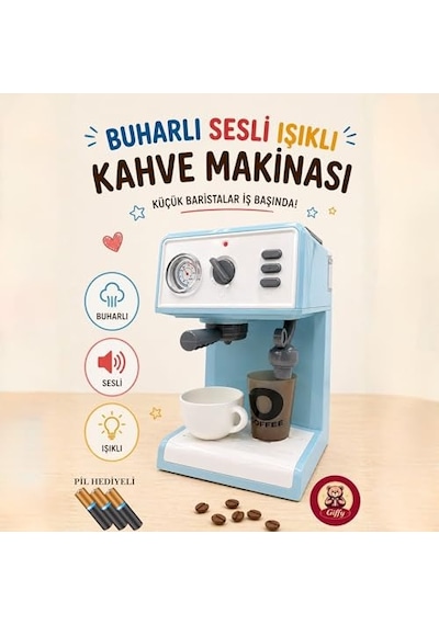 Oyuncak Buharlı Sesli Işıklı Kahve Makinesi Pilli Gerçekçi Su Akışlı Renk Değiştiren Bardaklı Mini Barista Seti Mavi Açık Gri