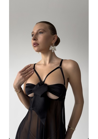 Suısy Midnight Gift Siyah Fiyonklu Tül Babydoll Gecelik