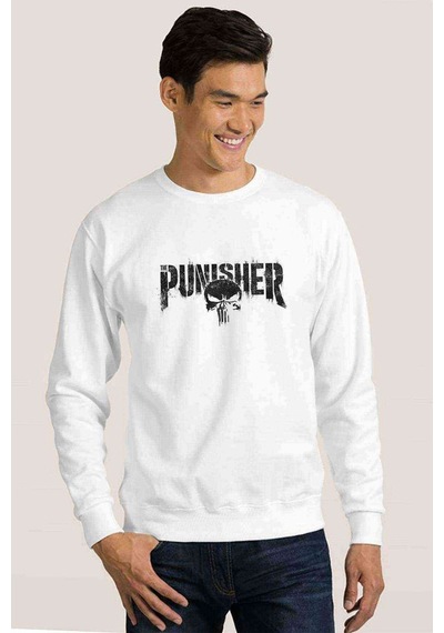The Punisher Logo Baskılı Beyaz Erkek Örme Sweatshirt (530949623)