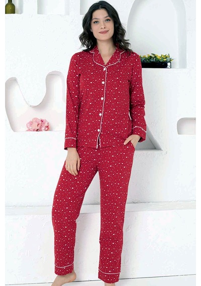 Alimer Kadın Kırmızı Desenli Likralı Kışlık Pijama Takımı Edy2769 Kırmızı