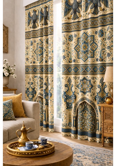 140x260 Ölçüsünde 2 Adet Bohem Fon Perde. Boho Tarz Koleksiyon Ürünü. Çok Renkli Yeşil