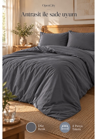 Çift Kişilik Antrasit Nevresim Takımı 4 Parça Düz Renk 180x220 Nevresim 180x240 Çarşaf 2 Yastık Klf