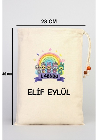 Kız Çocuk Kıyafet Kesesi Çocuklara Özel İsim Yazılı Baskılı İp Kapamalı Kişileştirilebilir 30x40 Cm Renkli