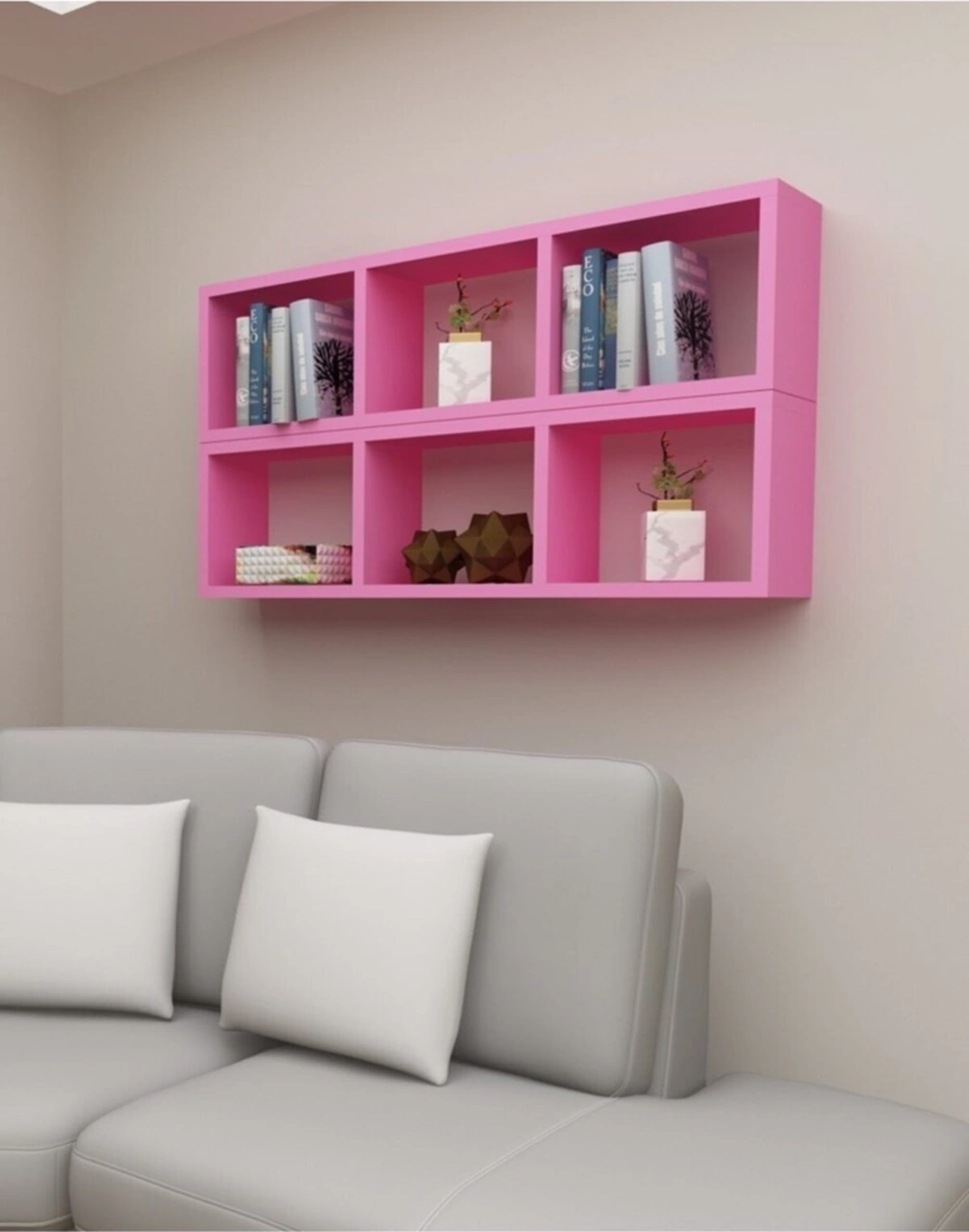 Kitaplık Yan Pembe Renk Duvar Rafı Ikili Takım Pembe