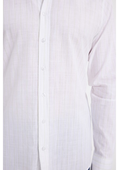 Tudors Erkek Slim Fit Dar Kesim Uzun Kollu %100 Pamuk Keten Doku Çizgili Gömlek-42651 Beyaz