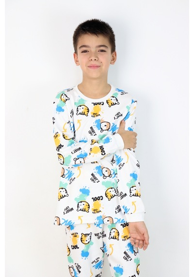Harika Kids Erkek Çocuk Baskılı İnterlok Kumaş Uzun Kollu Pijama Takımı Beyaz - Mavi Harika Kids Erkek Çocuk Baskılı İnterlok Kumaş Uzun Kollu Pijama Takımı Beyaz - Mavi