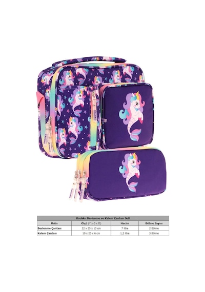 Kaukko Kids Kız Çocuk Mor Çok Renkli Unicorn Ve Denizkızı Üç Bölmeli Thermo Beslenme Çantası Ve Kalemlik Seti L7228+l8228 Mor - Çok Renkli