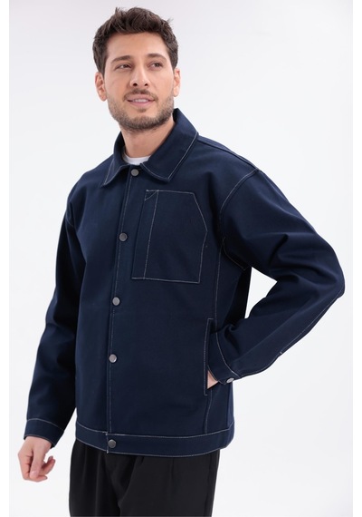 Erkek Dikiş Detaylı Oversize Gabardin Ceket - Mont-392 Lacivert