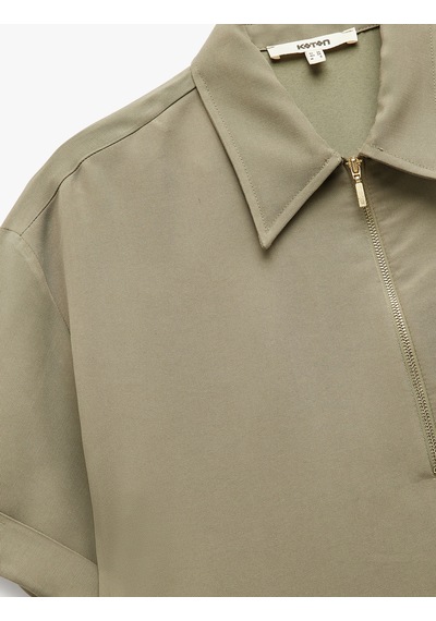 Koton Modal Kumaş Yarım Fermuarlı Kısa Kollu Polo Yaka Oversize Bluz Haki 5sak60254pw Haki