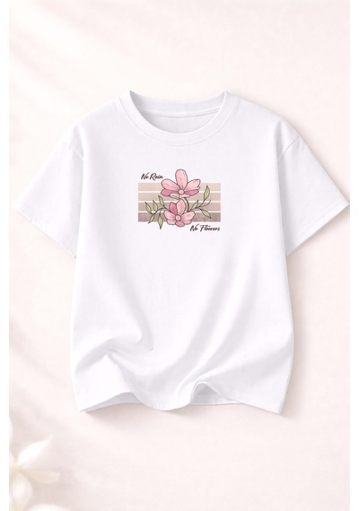 Herkesemoda No Rain No Flowers Baskı Detaylı Kadın Bisiklet Yaka Pamuklu T-shirt Beyaz