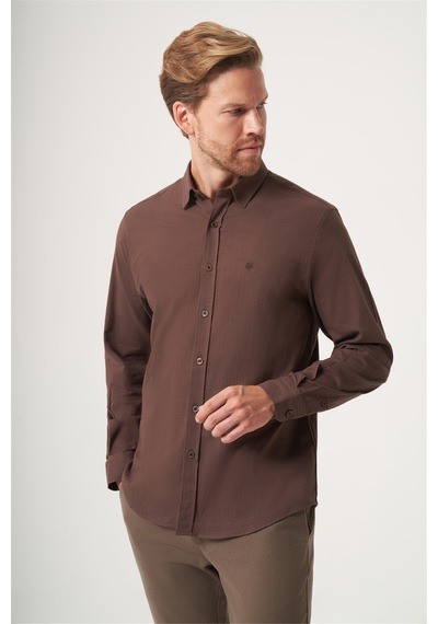 İmza Kahverengi Biritli Yaka Uzun Kol Cepsiz Slim Fit Pamuklu Gömlek 1004260207