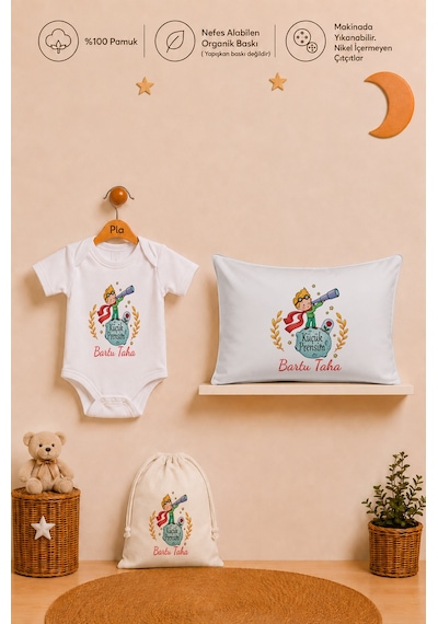 Pia Baby Erkek Bebek İsme Özel Hediye Seti %100 Pamuk Body Yastık Kılıfı Ve Ham Bez Bebek Kıyafet Kesesi 2025byk9x Ekru