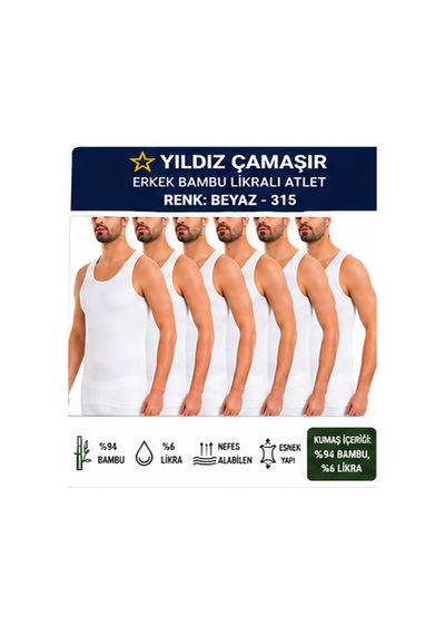 Yıldız Çamaşır Erkek Bambu Likralı Askılı Atlet 315-316-317-318 - 6 Adet Beyaz