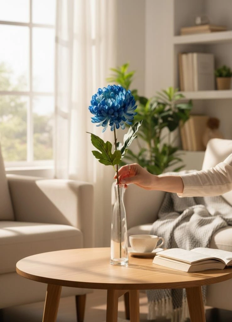 Yapay Çiçek Krizantem Mavi 90cm Tek Dal Kumaş Çiçek Uzun Dal Mavi