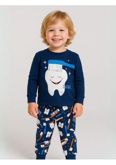 Zekids Erkek Çocuk Pamuklu Diş Baskılı Pijama Takımı-16050 Lacivert