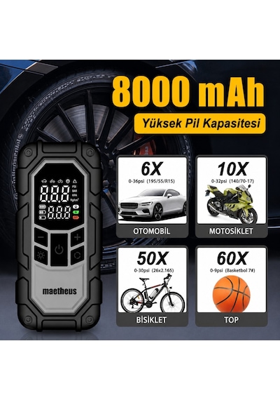 4in1 Akü Takviye Ateşleyici Lastik Şişirme Kompresörü Powerbank Led Işık 150 Psı 8000mah