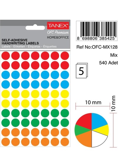 Tanex Ofc-128 Mıx Color Ofis Etiketi 10MM 540 Adet
