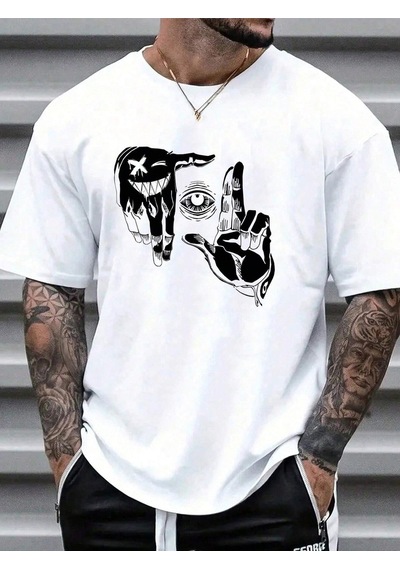 El Göz T-shirt - Beyaz Baskılı Oversize Bisiklet Yaka Kısa Kol Tişört Beyaz